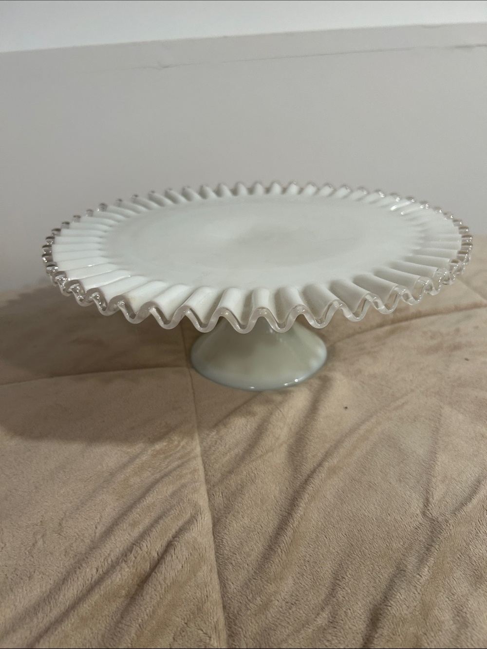 Fenton Cake Plate Stand Silver Crest Milk Glass Ruffled Pedestal 13" Diameter